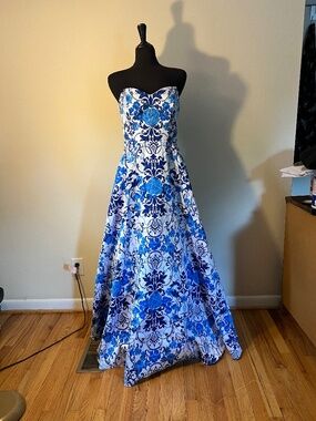 Blue and White Patterned Prom Dress